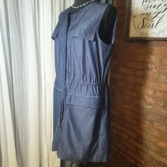 THEORY Women's Lightweight Polished Denim-Like Sleeveless Shirt Dress - Size L - Picture 4 of 11